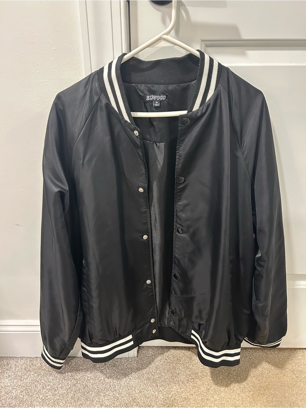 Elwood Black Bomber Jacket with Striped Trim